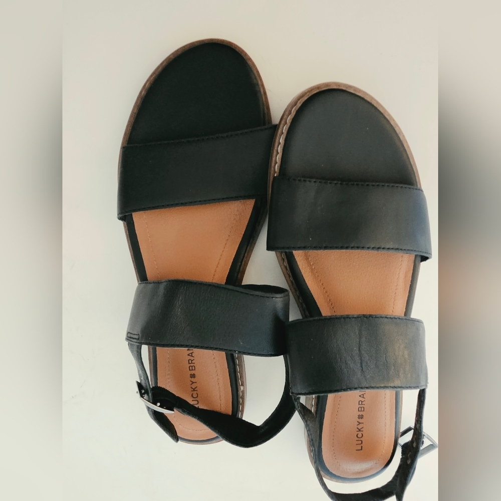 Lucky Brand Kaimana Black Leather Flat Sandals Women’s 8.5